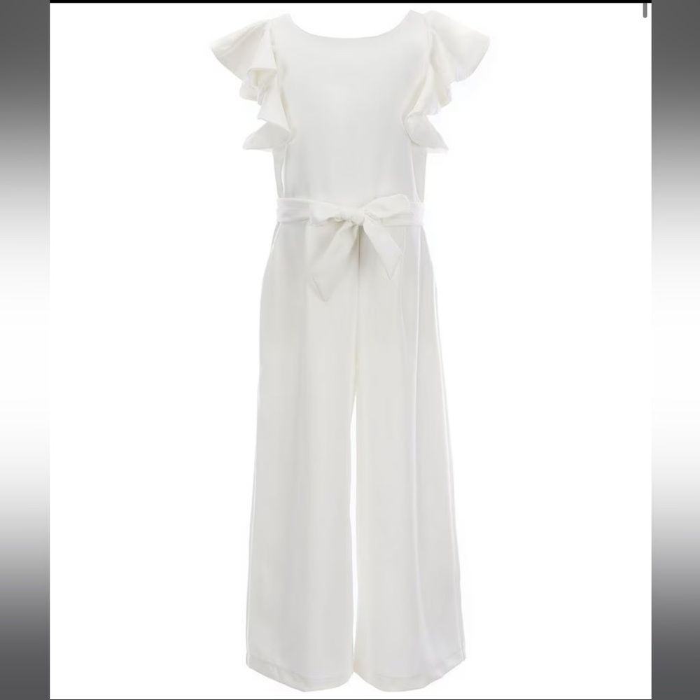 GB Gianni Bini Big Girls Tie Front Tiered Ruffle Sleeve Jumpsuit Ivory